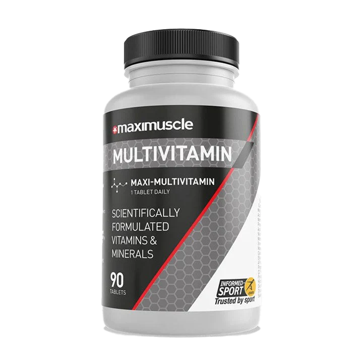 Clear plastic bottle of MaxiNutrition Multivitamin tablets with dark label, no banned substances, contains hydroxypropyl methylcellulose