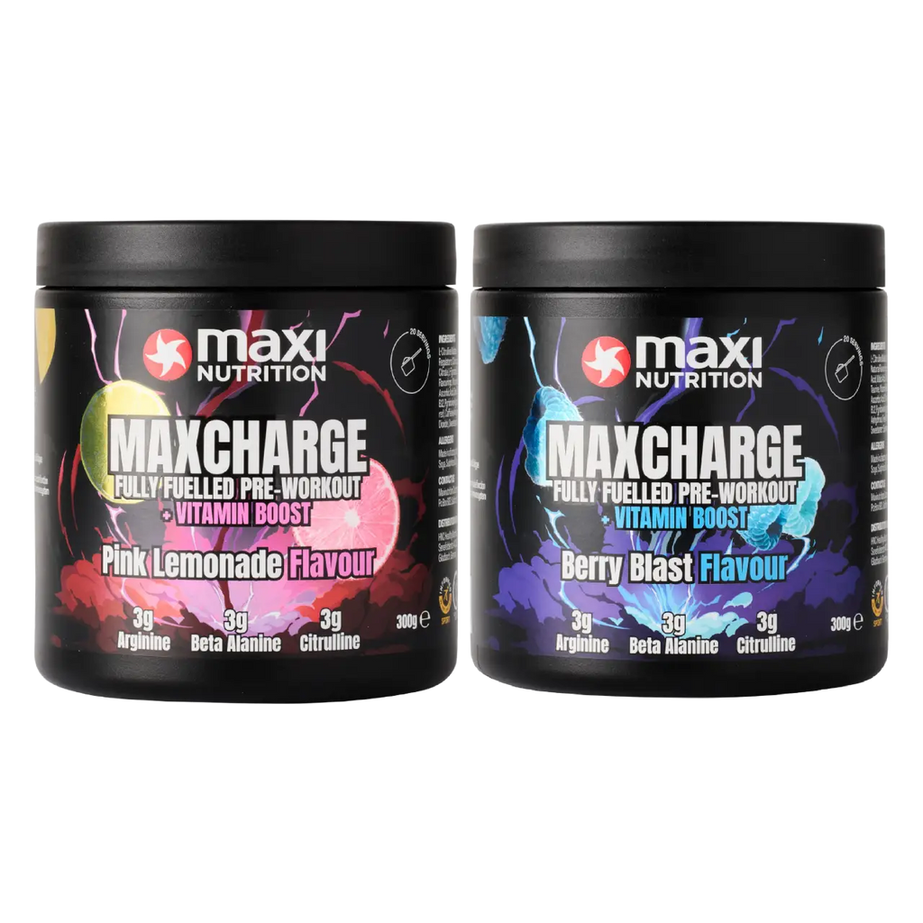 Maxi Nutrition Max Charge Vitamin Boosted Pre-Workout with Pink Lemonade and Berry Blast tubs