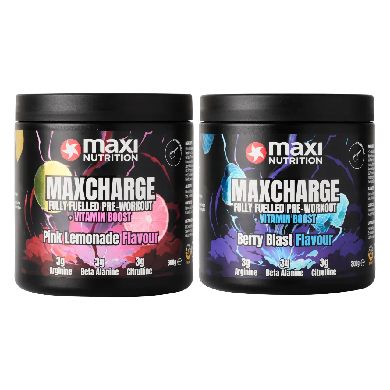 Maxi Nutrition Max Charge Vitamin Boosted Pre-Workout with Pink Lemonade and Berry Blast tubs