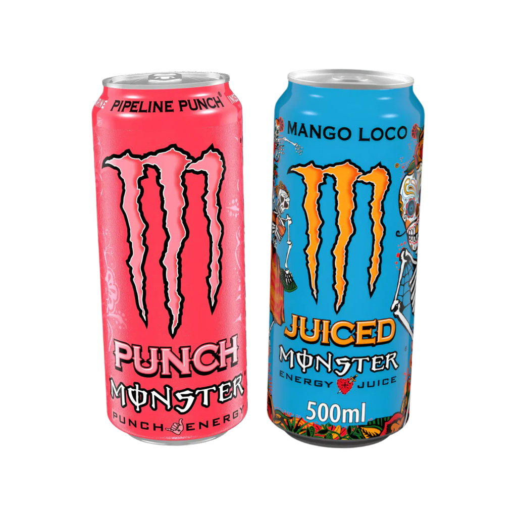 Two Monster Energy Juiced cans, Mango Loco and Pipeline Punch, carbonated energy drink