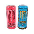 Two Monster Energy Juiced cans, Mango Loco and Pipeline Punch, carbonated energy drink