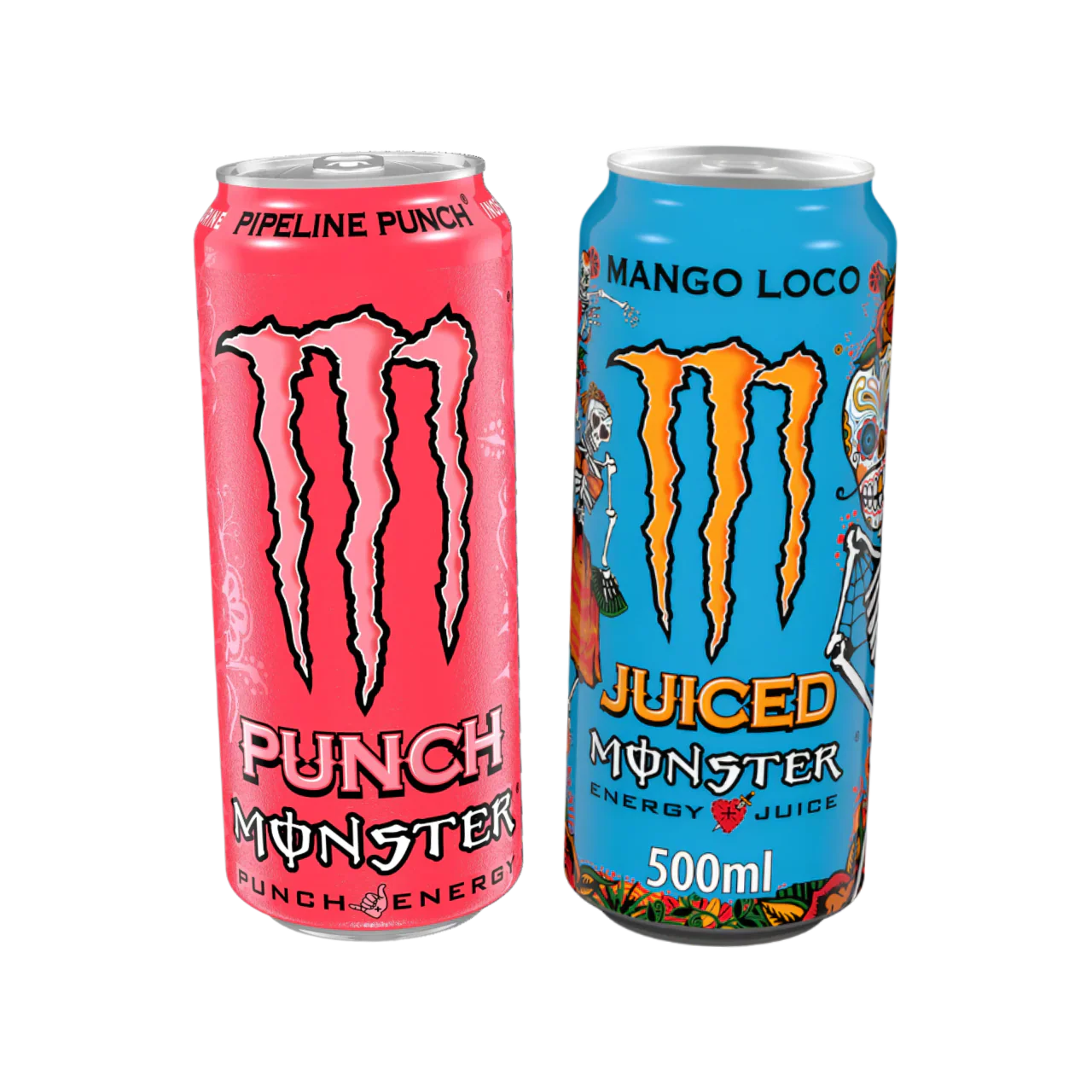 Two Monster Energy Juiced cans, Mango Loco and Pipeline Punch, carbonated energy drink