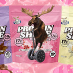 Muscle Moose Protein Shake pouch with moose on Segway for muscle recovery