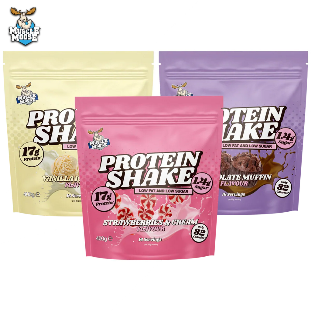 Three Muscle Moose Protein Shake pouches in vanilla, strawberry, cream, and chocolate muffin flavors for muscle recovery