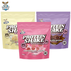 Three Muscle Moose Protein Shake pouches in vanilla, strawberry, cream, and chocolate muffin flavors for muscle recovery