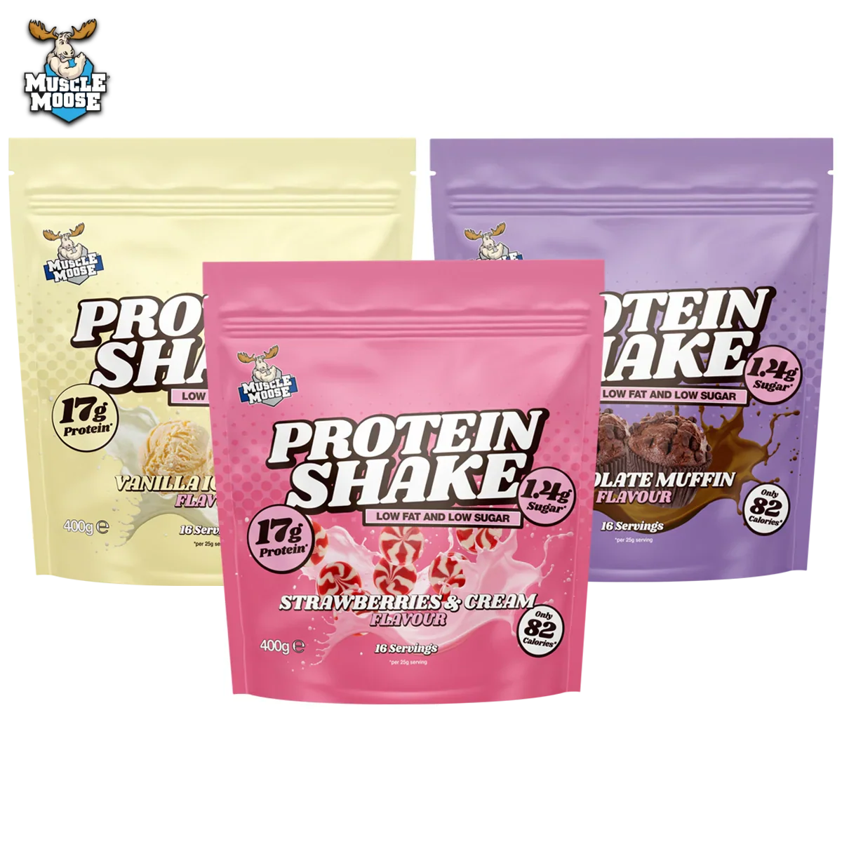 Three Muscle Moose Protein Shake pouches in vanilla, strawberry, cream, and chocolate muffin flavors for muscle recovery