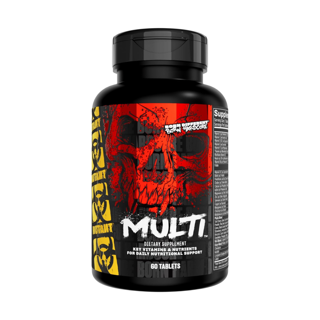 Supplement bottle with red skull design on a white background