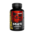 Supplement bottle with red skull design on a white background