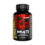 Supplement bottle with red skull design on a white background