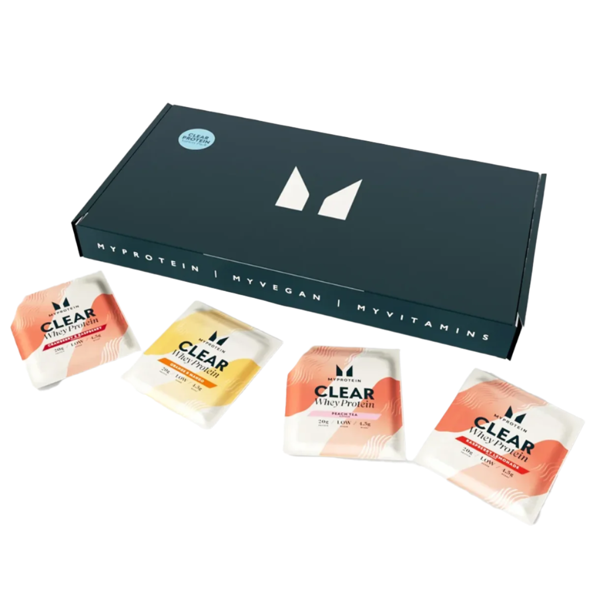 Dark blue box with four flavored Clear Whey Isolate protein packets for sports nutrition