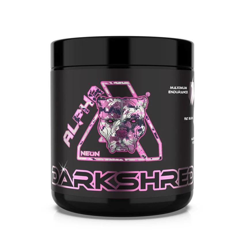 Black Alpha Neon Darkshred supplement container with pink and white Pitbull logo