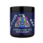 Blue Alpha Neon Creatine HCL container with colorful dog graphic, potent creatine supplement