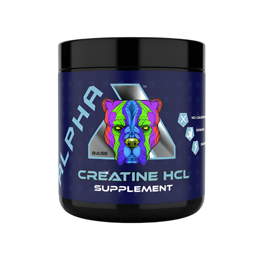Blue Alpha Neon Creatine HCL container with colorful dog graphic, potent creatine supplement