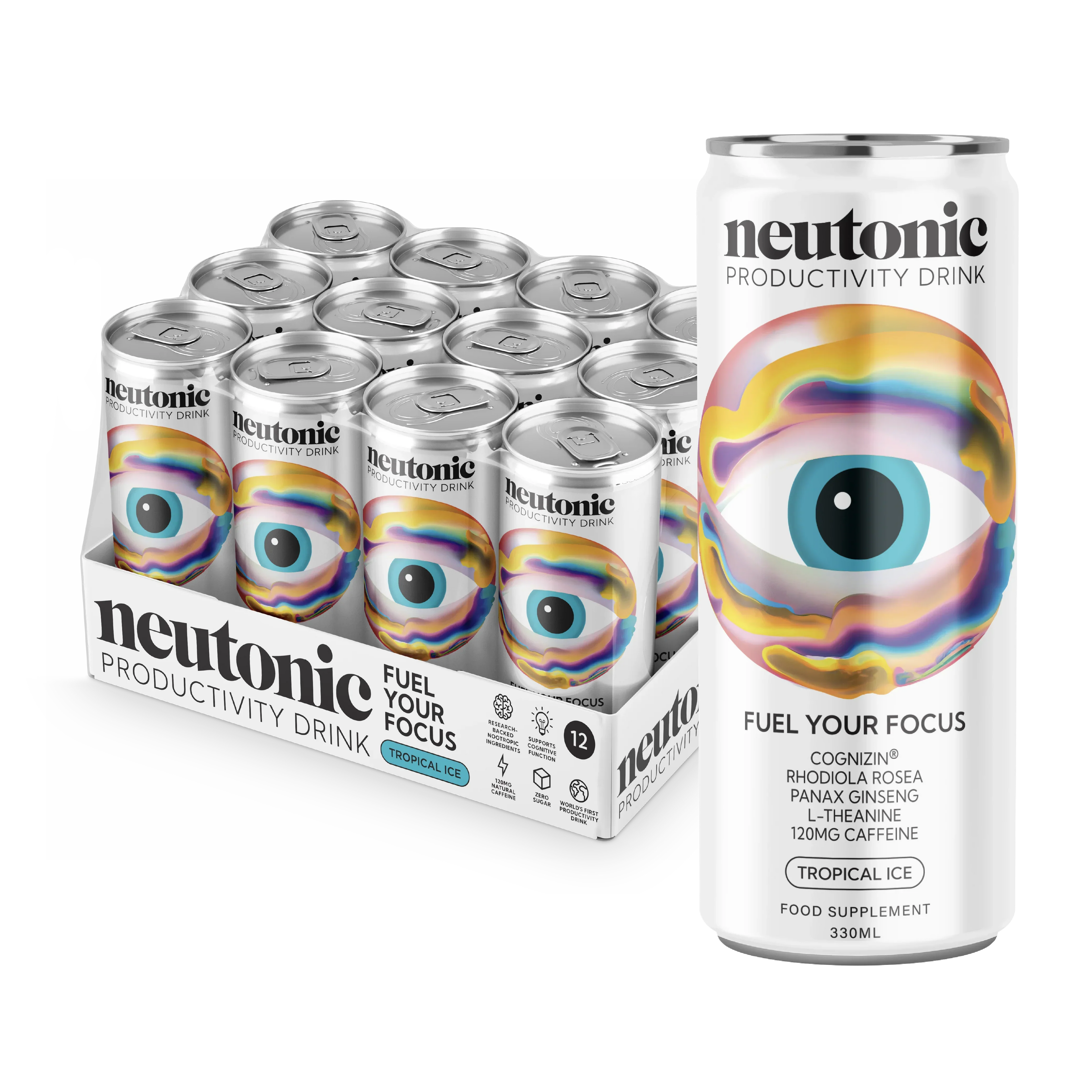 Neutonic Productivity Drink cans with Rhodiola Rosea and Panax Ginseng boost energy