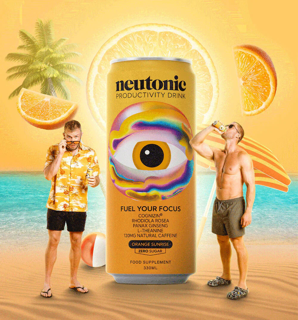Neutonic Productivity Drink can with eye design, natural caffeine, rhodiola rosea, panax ginseng