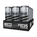 Six-pack of NOCCO Focus sugar free energy drinks in silver cans for a boost
