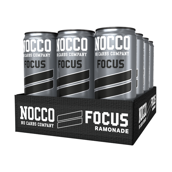 Six-pack of NOCCO Focus sugar free energy drinks in silver cans for a boost