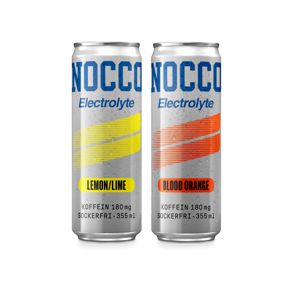 Two cans of NOCCO Electrolyte drinks on a white background