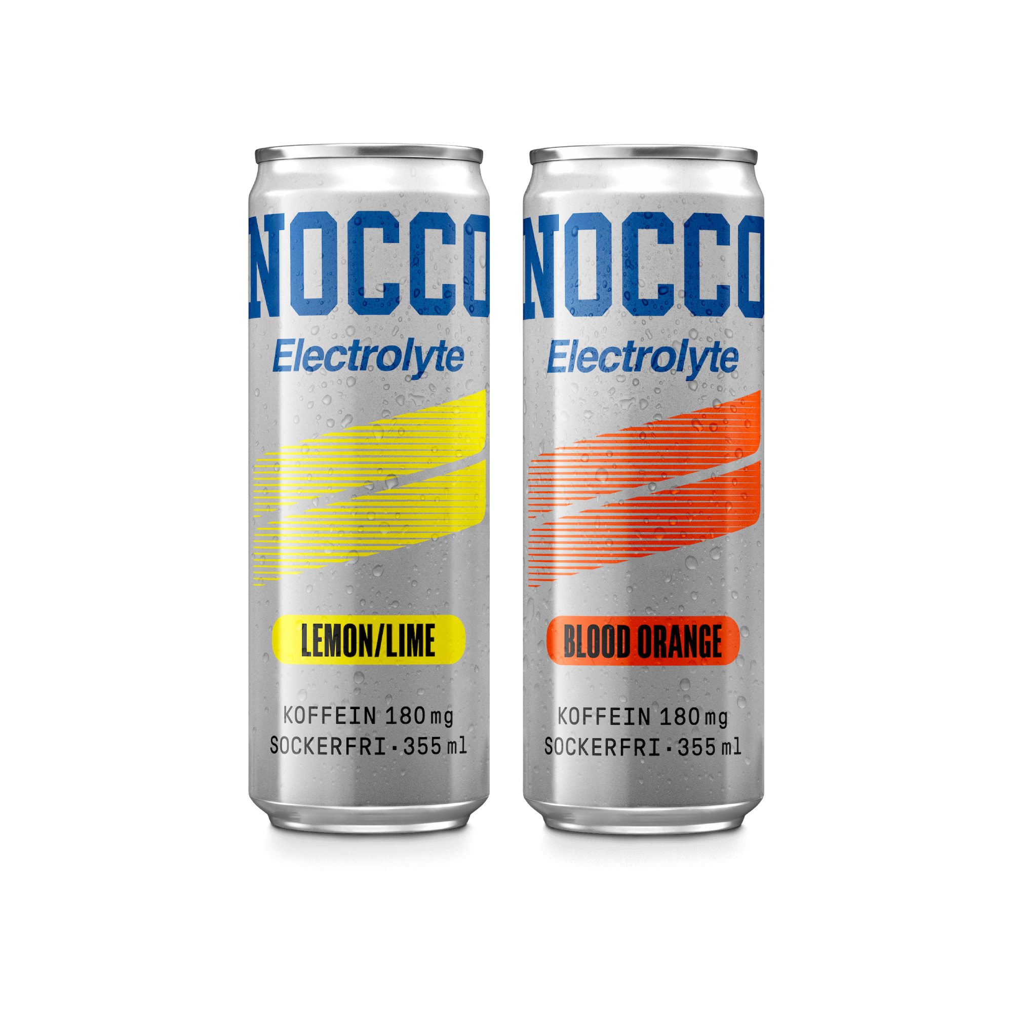 Two cans of NOCCO Electrolyte drinks on a white background