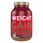 Chocolate-flavored NutriSport Weight Gain powder in a red gold container with gain mass catalyst