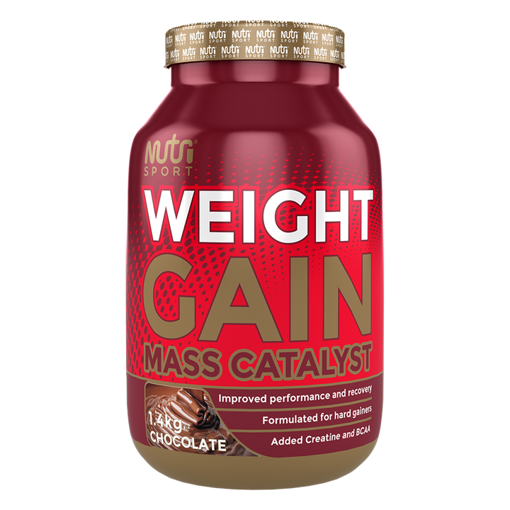 Chocolate-flavored NutriSport Weight Gain powder in a red gold container with gain mass catalyst