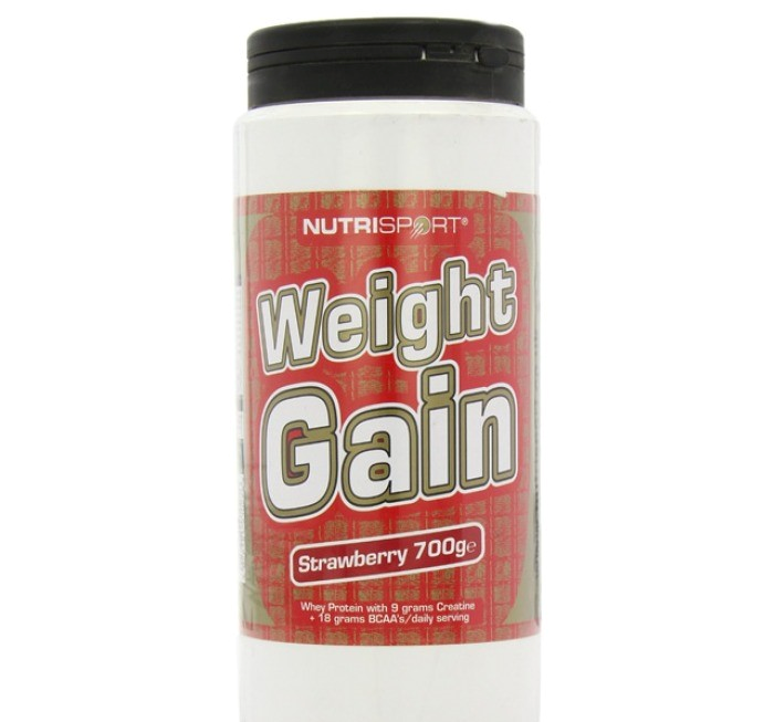 Strawberry NutriSport Weight Gain supplement in white container with gain mass catalyst whey protein isolate