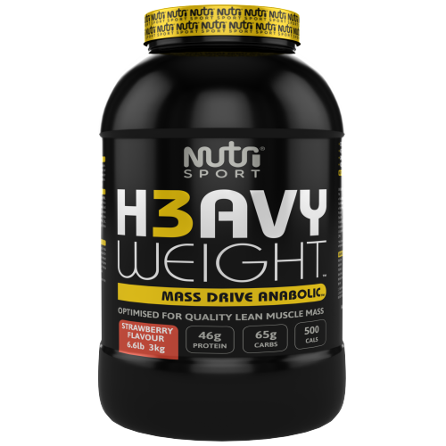 Black tub of NutriSport H3avyweight Mass Drive anabolic with strawberry flavor for muscle growth