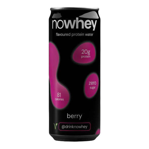 Nowhey protein water can with black and pink design on a white background