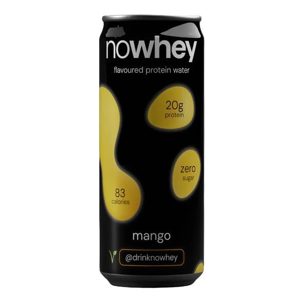 Nowhey mango flavored protein water can on a white background