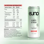 Nutritional info and ingredients for Euno Clarity pink grapefruit lemon focus nootropics drink