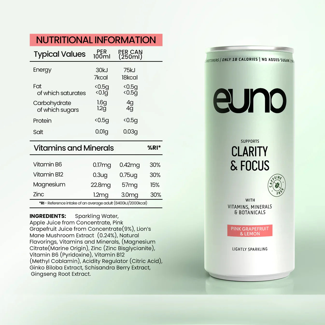 Nutritional info and ingredients for Euno Clarity pink grapefruit lemon focus nootropics drink