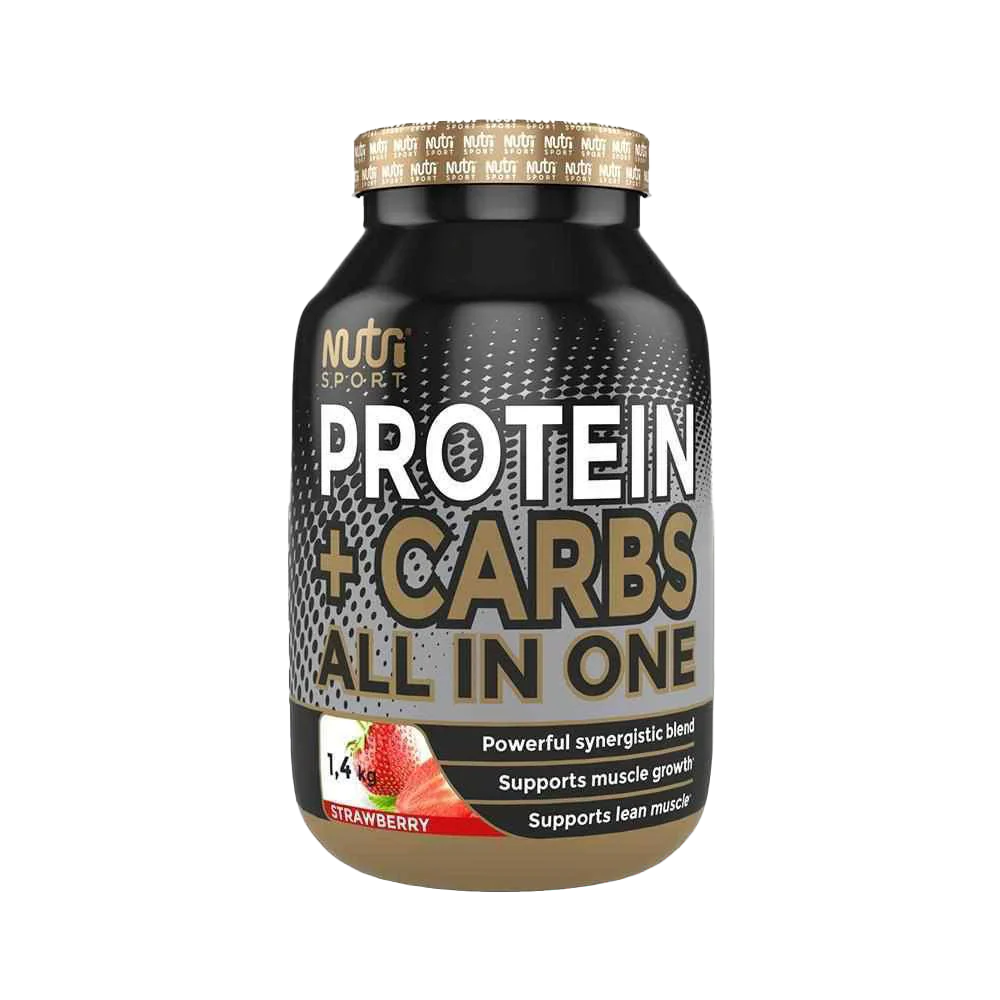 NutriSport Protein + Carbs container for post exercise muscle glycogen boost strawberry flavor