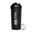 Black Optimum Nutrition Gainer Shaker with stainless steel mixing ball for sports nutrition