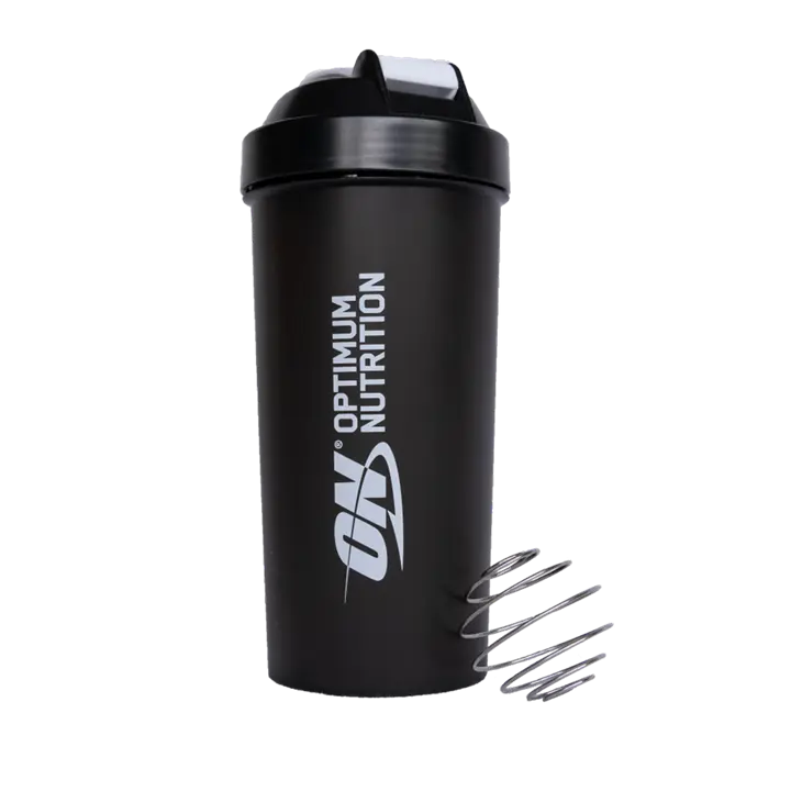 Black Optimum Nutrition Gainer Shaker with stainless steel mixing ball for sports nutrition