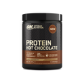 Black tub of Optimum Nutrition Protein Hot Chocolate with chocolate hazelnut flavor, smooth mixing experience