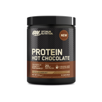 Black tub of Optimum Nutrition Protein Hot Chocolate with chocolate hazelnut flavor, smooth mixing experience