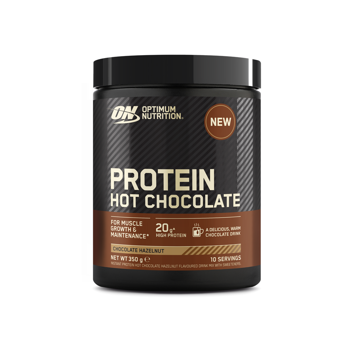 Black tub of Optimum Nutrition Protein Hot Chocolate with chocolate hazelnut flavor, smooth mixing experience