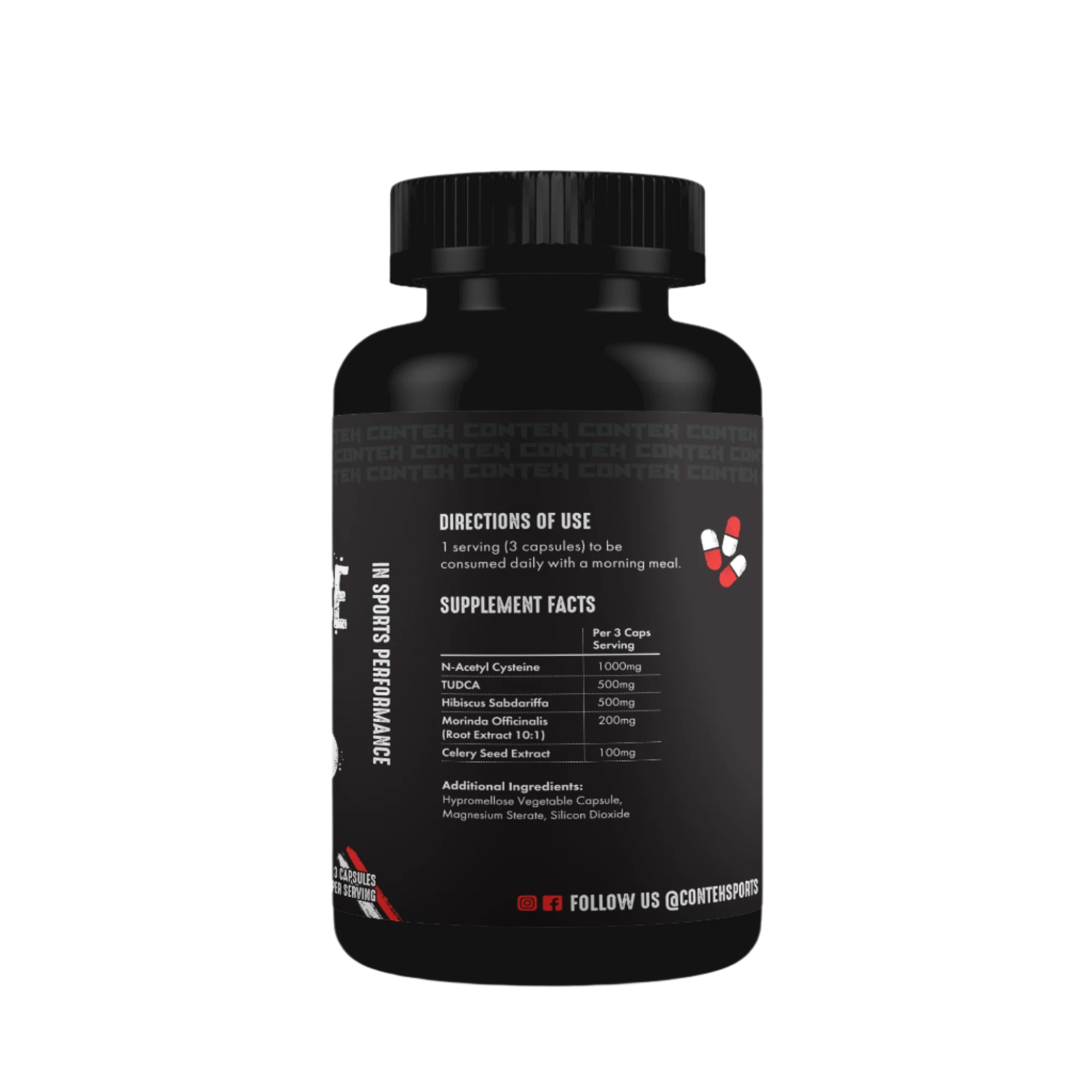 Black Conteh Sports Organ Defence bottle with white and red capsules for blood pressure and liver detox