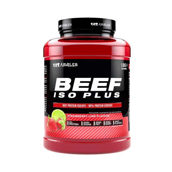 Outangled Beef Iso Plus strawberry-lime flavored beef protein isolate powder tub
