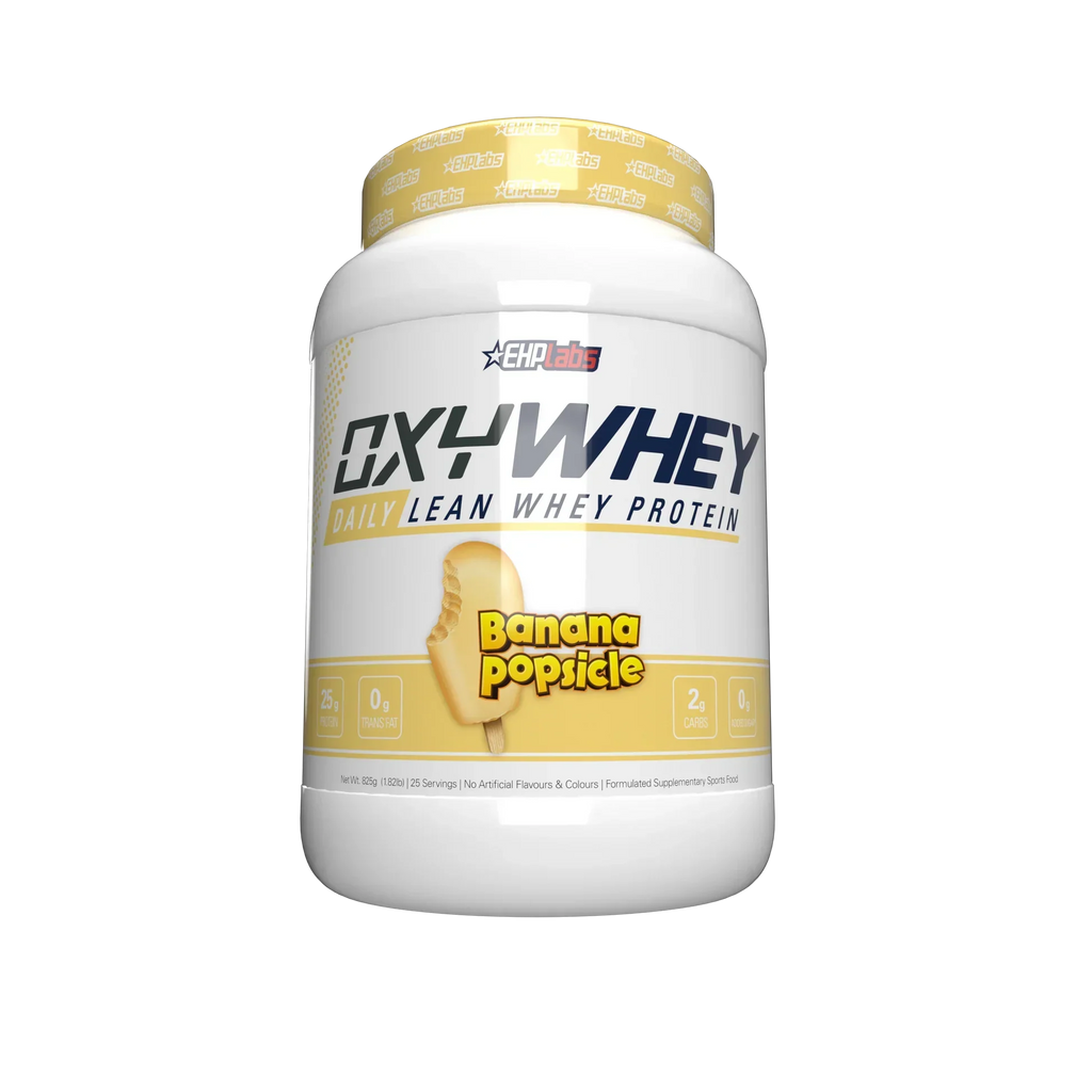 White plastic tub of EHP Labs OxyWhey banana popsicle flavored non-GMO protein for lean muscle