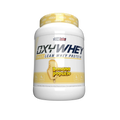 White plastic tub of EHP Labs OxyWhey banana popsicle flavored non-GMO protein for lean muscle