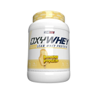 White plastic tub of EHP Labs OxyWhey banana popsicle flavored non-GMO protein for lean muscle