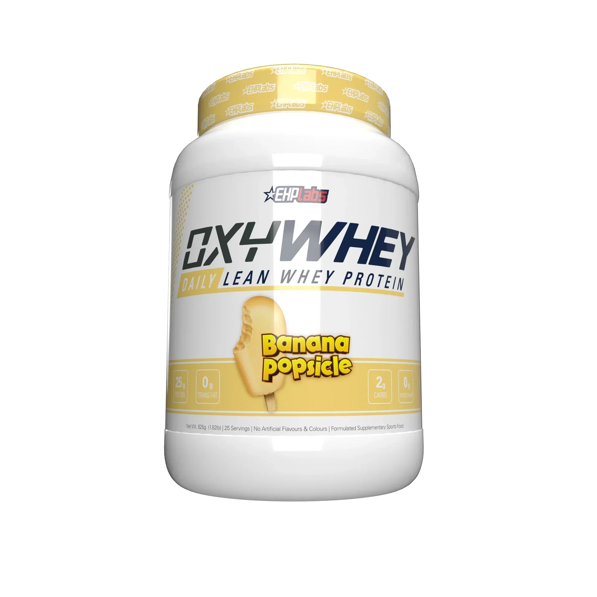 White plastic tub of EHP Labs OxyWhey banana popsicle flavored non-GMO protein for lean muscle
