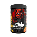 Supplement container with a black and red label featuring a skull design on a white background.
