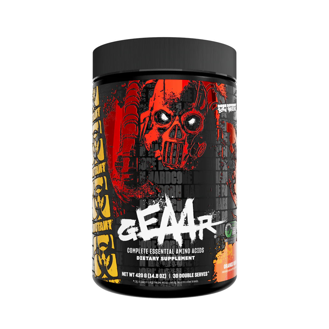 Supplement container with a black and red label featuring a skull design on a white background.