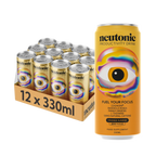 12-pack of Neutonic Productivity Drink cans with eye design, featuring Rhodiola Rosea and Panax Ginseng
