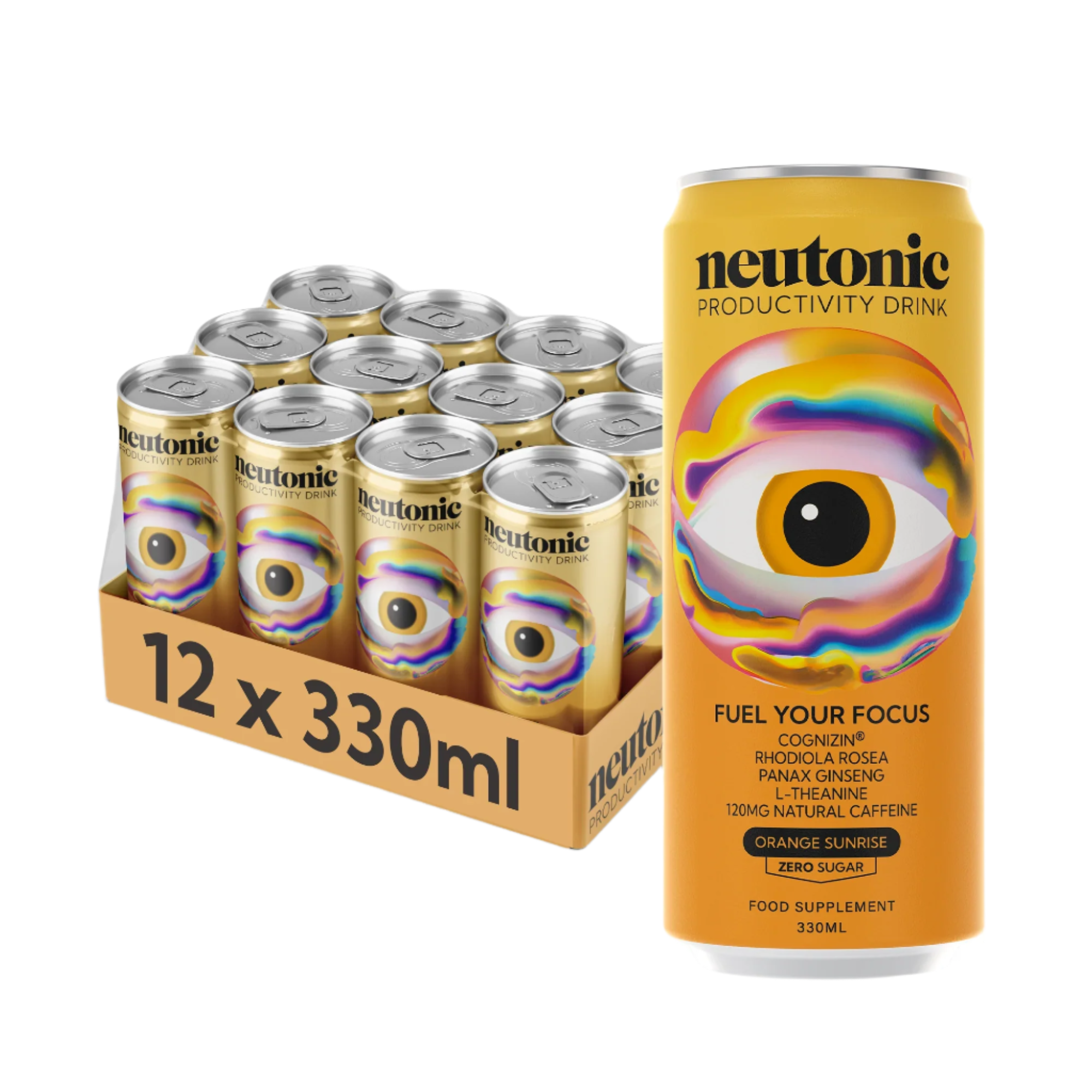 12-pack of Neutonic Productivity Drink cans with eye design, featuring Rhodiola Rosea and Panax Ginseng