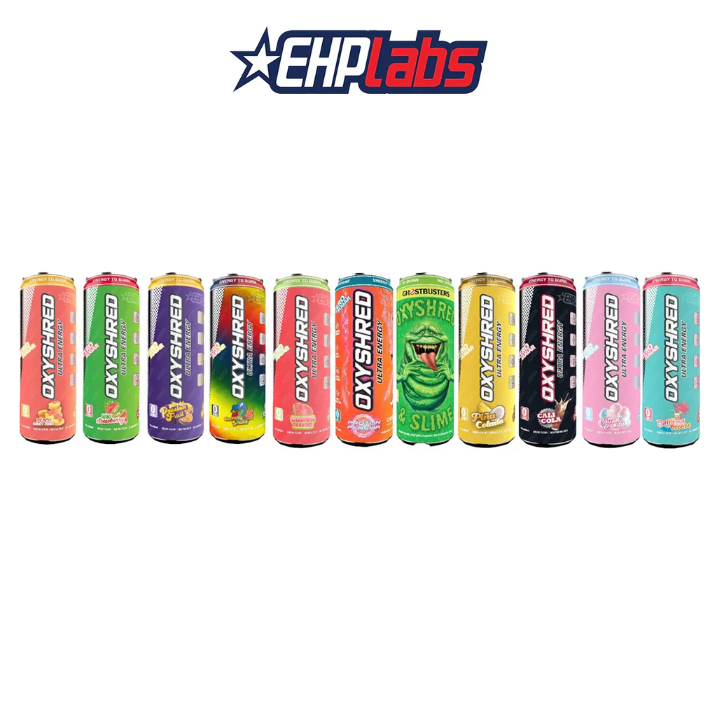 Colorful EHP Labs OxyShred Ultra Energy Drink RTD cans for thermogenic fat and immune support