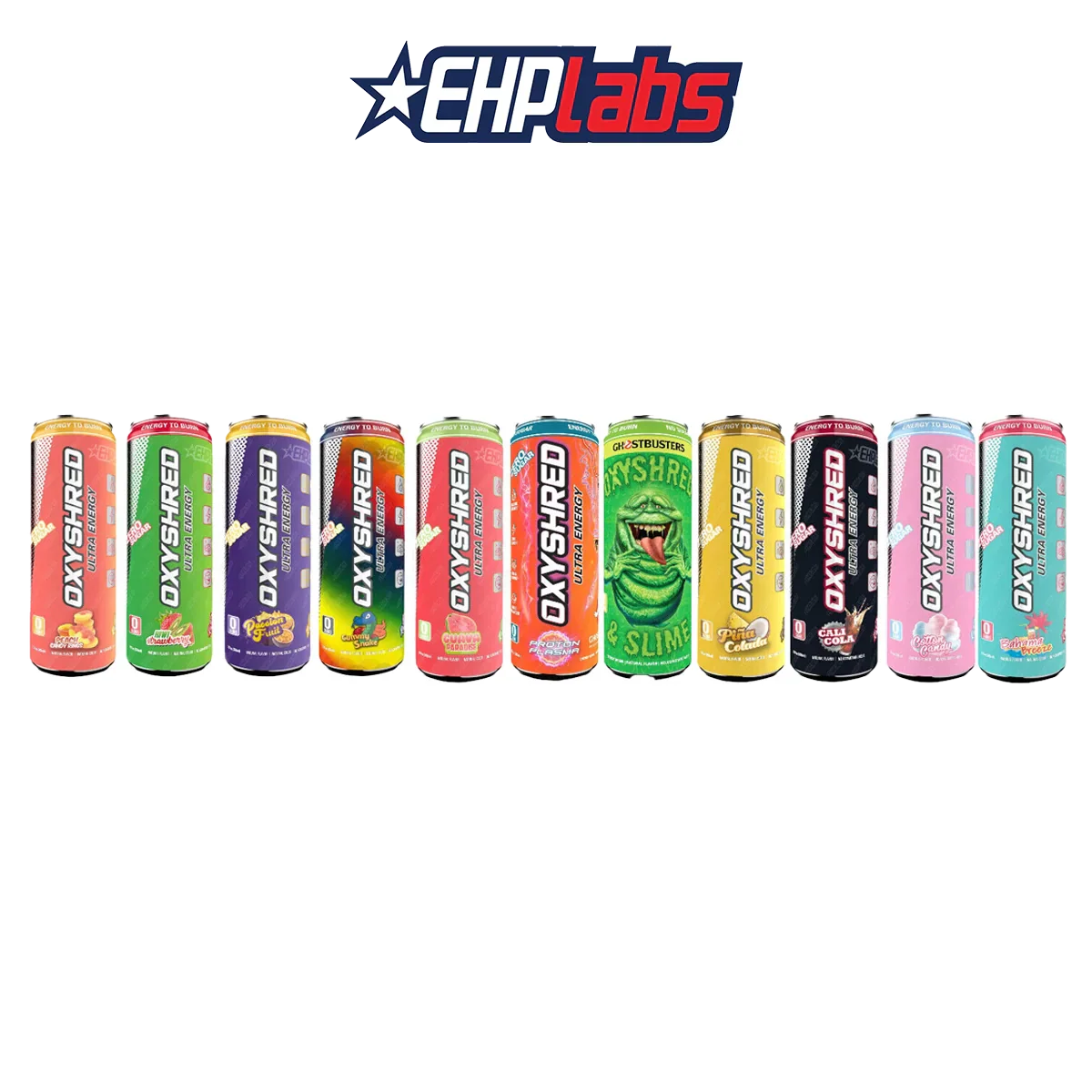 Colorful EHP Labs OxyShred Ultra Energy Drink RTD cans for thermogenic fat and immune support