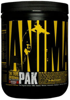 Black and yellow Animal Pak workout supplement powder tub, great-tasting powder for fitness fans